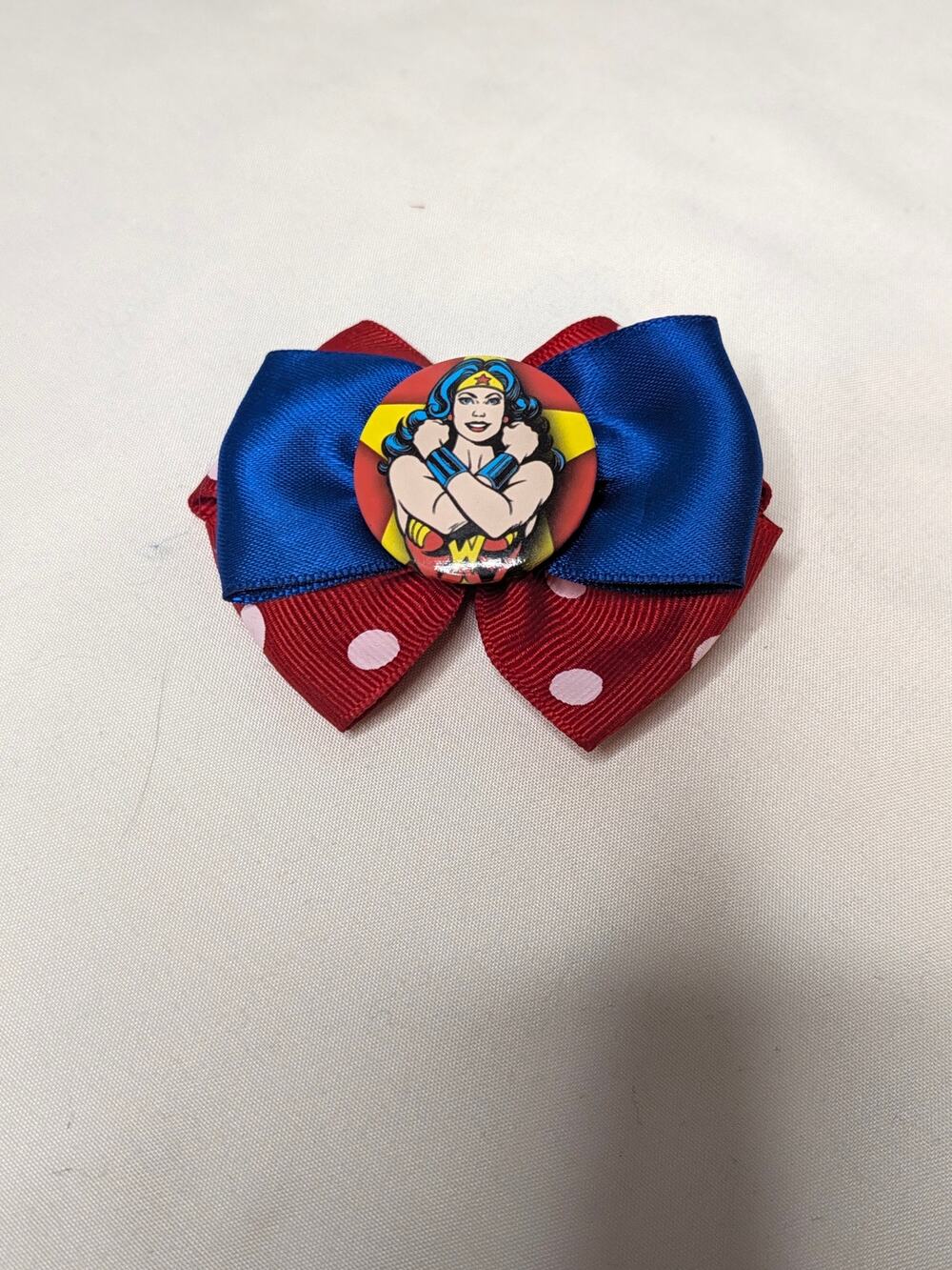 Wonder Woman Layered Ribbon Hair Bow clip red/ blue polka dot